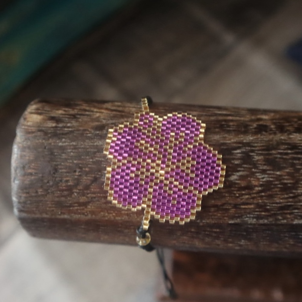 Purple and Gold Miyuki Seed Bead Hibiscus Flower Bracelet